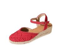 Sandales compensées à bout fermé pour femme avec sangle de cheville pour les vacances d'été et les tenues décontractées - Chaussures confortables en jute, Rouge, 37.5 EU