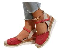 Sandales compensées à bout fermé pour femme, espadrilles à talons bas, semelle compensée à bout fermé, élastique, coupe large, sangle de cheville réglable, chaussures de marche confortables, Rouge