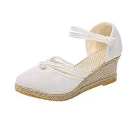 Sandales compensées à bout fermé pour femme - Espadrilles à talons moyens - Sangle de cheville - Pour fête de mariage, blanc, 38 EU