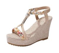 Sandales Compensées À Bout Ouvert Et Bride Élastique À La Cheville Pour Femme, Sandales De Plage Bohèmes Confortables Et Antidérapantes, Convient Tous Types Tenues Jeans, Pantalons(Off-White,40 EU)