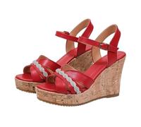 Sandales compensées à bout ouvert pour femme, sandales compensées bohème en grandes tailles, sandales d'été décontractées avec un bout arrondi et une finition grain de bois, Rouge, 37.5 EU