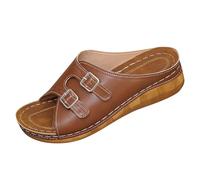 Sandales compensées à double boucle pour femme - Style décontracté - Bout ouvert - Mules d'été classiques en similicuir, marron, 39 EU