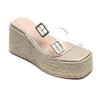 Sandales compensées à double boucle transparente - Talon compensé espadrille C'est un endroit formidable, la beauté réside dans les sandales, la robe de mariée est la robe de mariée, les mariées sont 