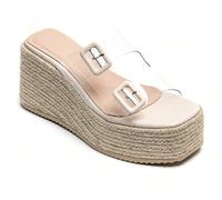 Sandales compensées à double boucle transparente - Talon compensé espadrille C'est un endroit formidable, la beauté réside dans les sandales, la robe de mariée est la robe de mariée, les mariées sont 