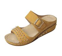 Sandales compensées à double bride cloutées à bout ouvert pour femme - Style décontracté - Dos nu - Pour l'été et le quotidien, jaune, 37.5 EU
