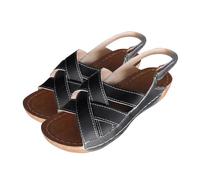 Sandales compensées à lanières croisées pour femme - Bout ouvert - Chaussures d'été décontractées avec sangle de cheville, Noir , 38.5 EU