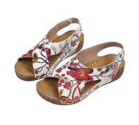 Sandales compensées à motif floral pour femme - Chaussures de marche confortables à bout ouvert et bride arrière - Chaussures d'été décontractées pour la plage, blanc, 37.5 EU