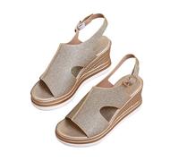 Sandales compensées à paillettes pour femme - Sandales compensées à bout ouvert - Sandales plates avec boucle - Grandes tailles - Respirantes - Sandales d'été, or, 38 EU