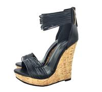 Sandales Compensées à Plateforme et Bout Ouvert pour Femme Talons Hauts Compensés en Liège avec Bride Cheville et Fermeture éclair Arrière Chaussures élégantes pour Soirées,Noir,34 EU