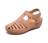 Sandales Compensées À Plateforme Pour Femme, Sandales Compensées Creuses Style Rétro Bride Cheville Réglable Bout Fermé, Chaussures En Cuir Épaisse Antidérapantes Qualité Supérieure(Pink,39 EU)