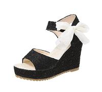 Sandales compensées à talon compensé pour femme - Motif dentelle - Talons hauts - Sandales de mariée - Sandales avec nœud en mousseline de soie - Pour mariage, fête, plage, semelle intérieure en liège