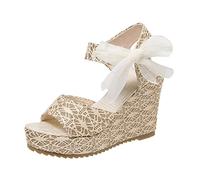 Sandales compensées à talon compensé pour femme - Motif dentelle - Talons hauts - Sandales de mariée - Sandales avec nœud en mousseline de soie - Pour mariage, fête, plage, semelle intérieure en liège