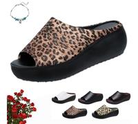 Sandales compensées à talons hauts et plateforme à enfiler pour femmes, sandales orthopédiques confortables en cuir pour l'été, pantoufles souples à bout ouvert, Imprimé léopard marron., 38 EU