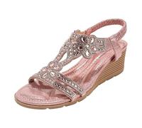 Sandales compensées avec strass et sangle élastique pour femme - Style bohémien - Chaussures d'été scintillantes à bout ouvert, rose, 39 EU