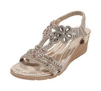 Sandales compensées avec strass et sangle élastique pour femme - Style bohémien - Chaussures d'été scintillantes à bout ouvert, doré, 37 EU