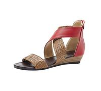 Sandales compensées bohème robustes pour femme - Semelle espadrille antidérapante - Vintage - Ballerines basses - Bottines légères - Chaussures tressées avec fermeture éclair à la cheville, 01 rouge