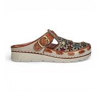 Sandales compensées confortables Laura Vita Dorry 01 pour femmes, en cuir beige camel à motif floral.