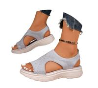 Sandales compensées de printemps décontractées pour femme - Bout ouvert - Découpe tendance - Été 2026 - Maille habillée - Confortable - Confortable - Plage Western, gris, 38 EU