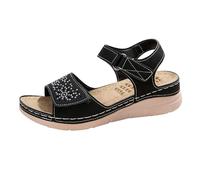 Sandales compensées décontractées et orthopédiques pour femme - Coupe large - Respirantes - Bout ouvert - Avec boucle réglable - Confortables - Pour l'été et les vacances en plein air, Noir , 38 EU