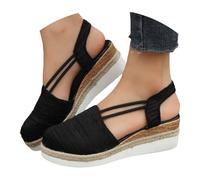 Sandales compensées d'été 2025 pour femme - Bout ouvert et bride de cheville - Sandales décontractées à lanières - Sandales de plage confortables - Sandales d'extérieur S confortables pour femme, Noir