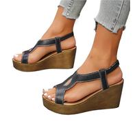 Sandales compensées d'été à bout large for femmes, chaussures confortables, décontractées et élégantes for la marche(Black,37)