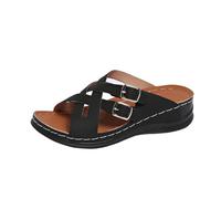 Sandales compensées d'été chic pour femme - Sandales plates avec sangle à boucle, bout ouvert et sangle croisée - Sandales orthopédiques à plateforme, Noir , 43 EU