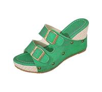Sandales compensées élégantes à double boucle pour femme - Espadrilles cloutées - Pour vacances, café, centre de villégiature, tenue d'été, Vert, 38 EU