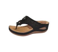 Sandales compensées élégantes pour femme - Pour l'été - Massage floral - Avec trous - Séparateurs d'orteils - Respirantes - Lit de pied en liège - Sandales de nuit - Loisirs, Noir , 38 EU