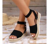 Sandales compensées en cuir noir à franges avec sangle à la cheville, boucle en métal, tressage en corde, style décontracté d'été. Ceinture tressée en paille avec boucle au dos, polyvalente pour les s