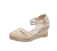 Sandales compensées en toile de jute à bout fermé pour femme - Style décontracté et épais - Confortables - Espadrilles tendance avec sangle de cheville, beige, 39 EU