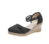 Sandales compensées en toile de jute à bout fermé pour femme - Style décontracté et épais - Confortables - Espadrilles tendance avec sangle de cheville, Noir , 39 EU