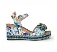 Sandales compensées espadrilles Laura Vita Facyo 75 en cuir bleu à fleurs pour femmes, idéales au quotidien