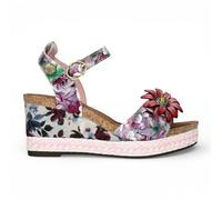 Sandales compensées espadrilles Laura Vita pour femmes, modèle Facyo 75, en cuir lilas et violet à motif floral, idéales au quotidien.