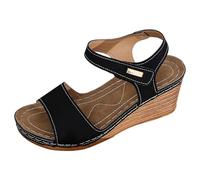 Sandales Compensées Femme Cuir Nu-Pieds Compensés à Empeigne Couvrante Peep-Toe Bride Arrière Ajustable Semelle Plateforme Effet Bois Printemps Été Extérieur Quotidien Ville Style Casual