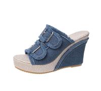 Sandales Compensées Femme en Jean Chic et Elegant Sandales Femme Plateforme à Bout Pince Chaussures Talon Confort Respirant Mules et Sabots Loisir Grande Taille Semelle Épaisse Antidérapante de Plage