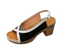 Sandales Compensées Femme, Nu-Pieds, Chaussures Été à Talon, Escarpins Ouverts | Bout Ouvert, Bride Arrière à Boucle, Cuir, Semelle Plateforme, Talon Bloc, Bordure Contrastée, Bureau, Soirée, Vacances