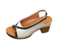 Sandales Compensées Femme, Nu-Pieds, Chaussures Été à Talon, Escarpins Ouverts | Bout Ouvert, Bride Arrière à Boucle, Cuir, Semelle Plateforme, Talon Bloc, Bordure Contrastée, Bureau, Soirée, Vacances