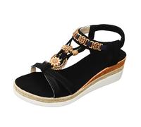 Sandales Compensées Femme Ornements Floraux Semelle Plateforme Style Espadrille d'été à bout ouvert épaisse élastiques décontractées Chaussure (Black taille 42)