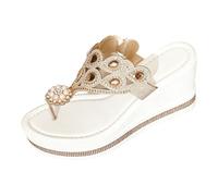 Sandales compensées hautes pour femme avec perles de cristal et perles - Tongs d'été - Chaussures de plage habillées et scintillantes, doré, 38 EU