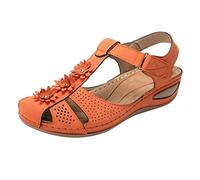Sandales compensées légères à bout ouvert - Chaussures d'été en daim synthétique avec sangle en T - Chaussures de plage décorées de fleurs - Sandales de marche pour femme, Orange, 39.5 EU