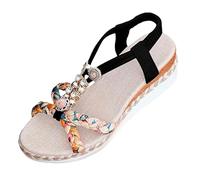 Sandales compensées légères et antidérapantes pour femme - Style bohème - Avec perles - Élastique - À bout ouvert - Soutien de la voûte plantaire - Chaussures habillées tendance d'été confortables