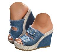 Sandales compensées pour femme à talons hauts en denim avec soutien de la voûte plantaire, bout ouvert et nœud à enfiler, sangles à boucle, confortables, pour l'été, la plage, la marche, 2026, a blei