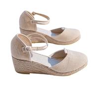 Sandales compensées pour femme avec plateforme fermée, espadrilles d'été, fermeture à boucle, confortables et antidérapantes, en jute, beige, 35 EU