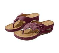 Sandales compensées pour femme avec strass et fleurs décontractées pour l'été, la plage, les vacances, bordeaux, 38.5 EU