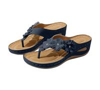 Sandales compensées pour femme avec strass et fleurs décontractées pour l'été, la plage, les vacances, bleu marine, 39.5 EU