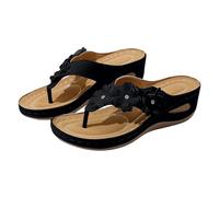 Sandales compensées pour femme avec strass et fleurs décontractées pour l'été, la plage, les vacances, Noir , 37.5 EU