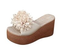 Sandales compensées pour femme - Coupe large - Confortables - Motif floral - Bout ouvert - Chaussures décontractées pour la plage et les fêtes, beige, 8 UK 3X-Narrow