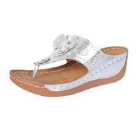 Sandales compensées pour femme - Coupe laser - Motif floral - Bout ouvert - Chaussures d'été décontractées avec applique florale 3D, Argenté., 37.5 EU