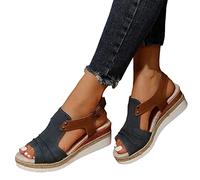 Sandales compensées pour femme - Espadrilles en cuir pour femme - Bout ouvert - Sangle de cheville - Décontractées - Élégantes - Pour l'été - Plate-forme - Sandales à enfiler - Talons compensés, 38 EU