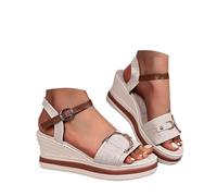 Sandales compensées pour femme, sandales à talon compensé légères pour l'été, sandales de plage romaines à lanières de style européen, sandales à bride de cheville, beige, 38 EU